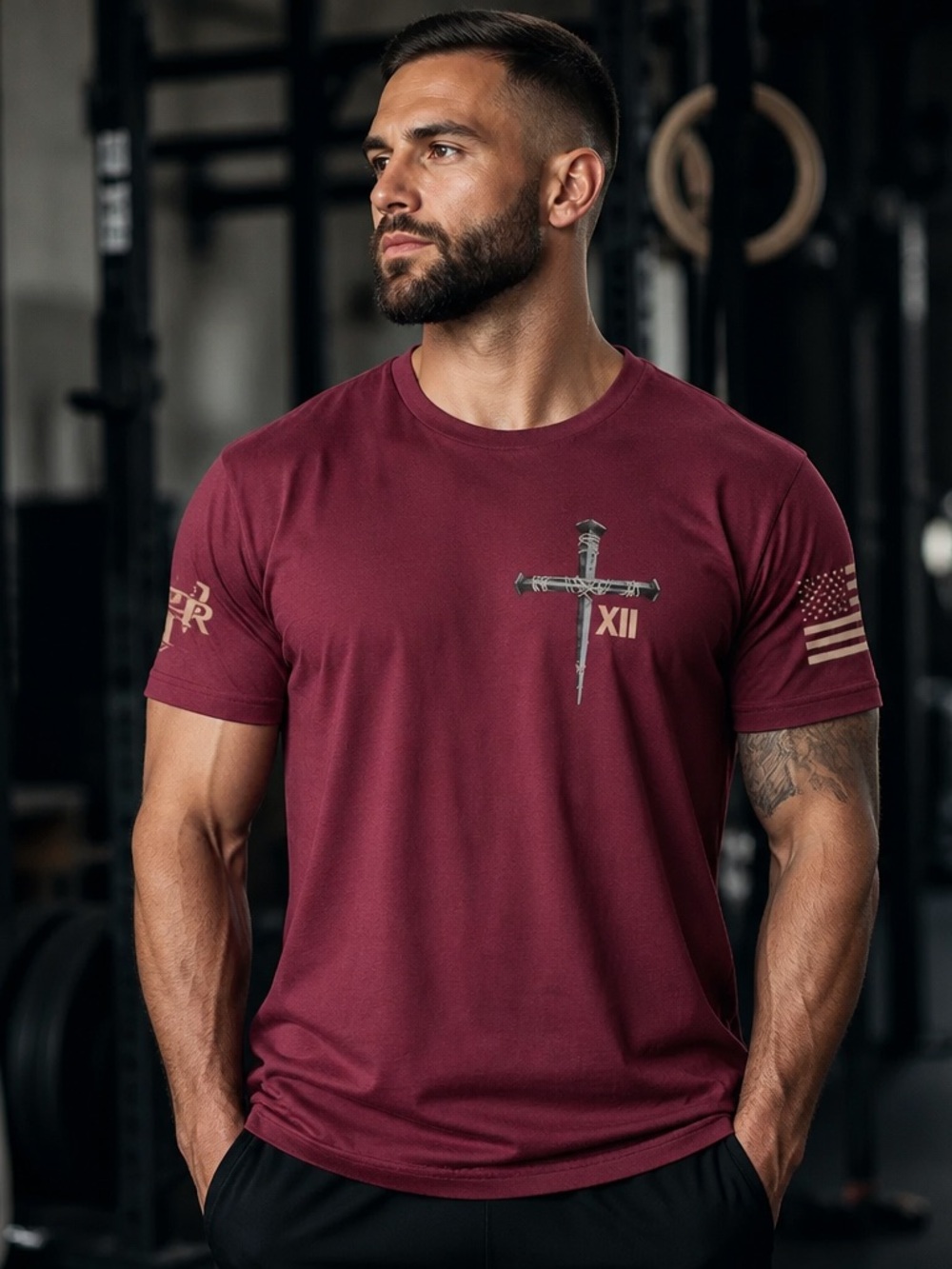 Warrior XII Men’s Crew Neck T Shirt Burgundy “I Only Kneel For One Man…” Jesus M
